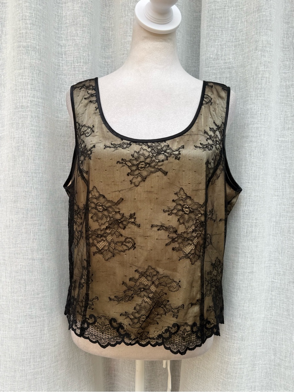Kasper black floral lace over gold ivory silk top